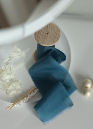 Батистовая лента для свадебного букета бирюзово- синего цвета (teal blue)5 фото