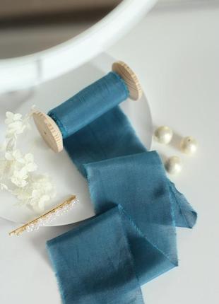 Батистовая лента для свадебного букета бирюзово- синего цвета (teal blue)3 фото