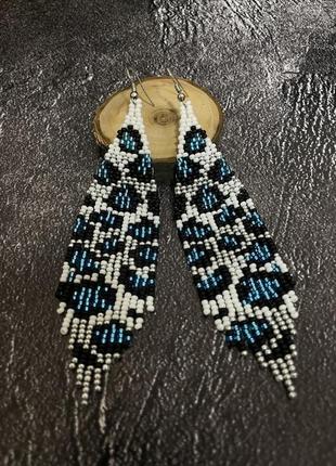 Сережки з бісеру леопард сині бісерні сережки з бахромою довгі сережки з бісеру5 фото