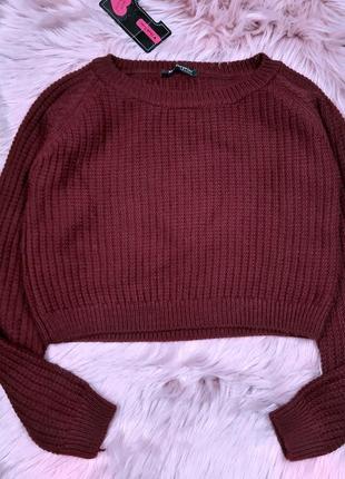 Бордовий укорочений вовняний светр без візерунка