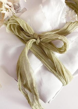 Шовкова весільна стрічка-жатка оливкового кольору (olive)1 фото