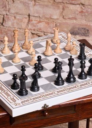 Шахи, шашки, нарди ручної роботи із дерева в білому кольорі з преміум фігурами2 фото