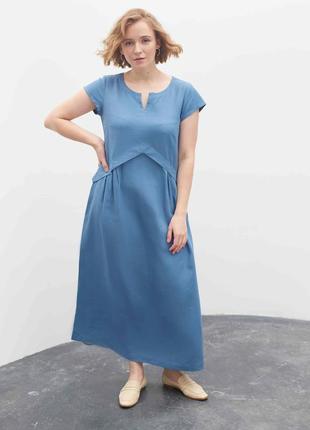 Платье из льна джульетта season с завышенной талией синее4 фото