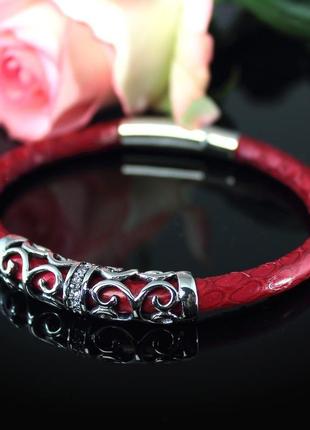 Жіночий браслет "версаль" із натуральної зміїної шкіри. червоний.5 фото