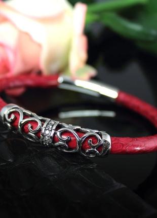 Жіночий браслет "версаль" із натуральної зміїної шкіри. червоний.2 фото