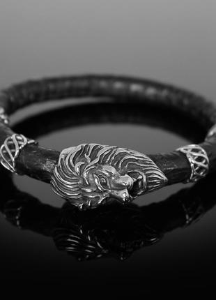 Мужской браслет со львом "lion". натуральная змеиная кожа. чёрный.6 фото