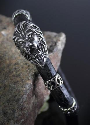 Мужской браслет со львом "lion". натуральная змеиная кожа. чёрный.3 фото