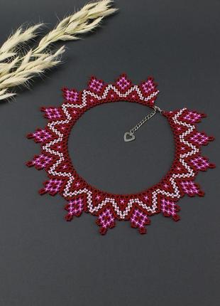 Кольє з бісеру бордово-рожеве 4