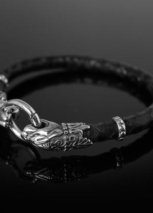 Жіночий браслет з леопардом із натуральної зміїної шкіри. чорний.7 фото