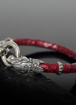 Жіночий браслет з леопардом із натуральної зміїної шкіри. червоний.4 фото