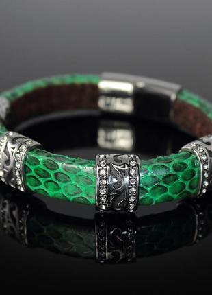 Жіночий браслет із натуральної шкіри змії "glorya". зелений.4 фото
