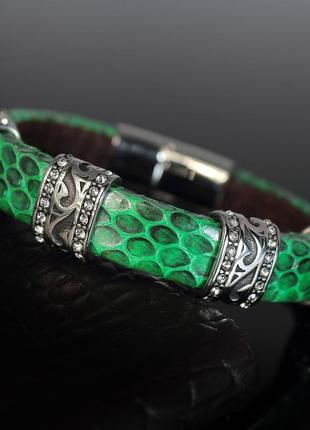 Жіночий браслет із натуральної шкіри змії "glorya". зелений.3 фото