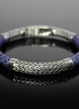 Чоловічий браслет із натуральної зміїної шкіри "ortix". синій.1 фото