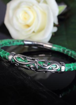 Женский браслет  из натуральной змеиной кожи "marseille". зелёный.2 фото