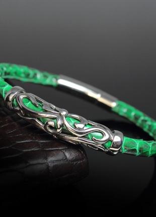 Женский браслет  из натуральной змеиной кожи "marseille". зелёный.7 фото
