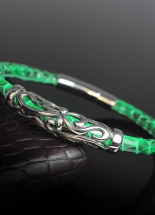 Женский браслет  из натуральной змеиной кожи "marseille". зелёный.5 фото