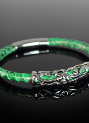 Жіночий браслет із натуральної зміїної шкіри "marseille". зелений.6 фото