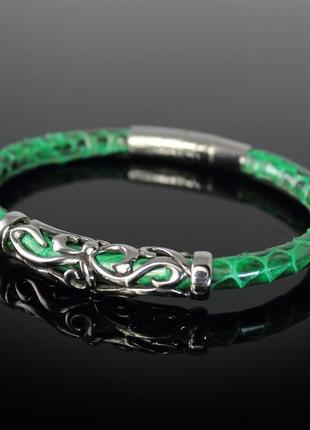 Женский браслет  из натуральной змеиной кожи "marseille". зелёный.4 фото