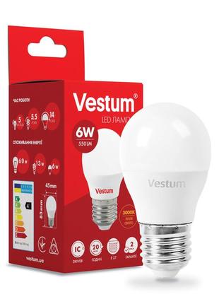 Світлодіодна лампа vestum g45 6w 3000k 220v e27 1-vs-12021 фото