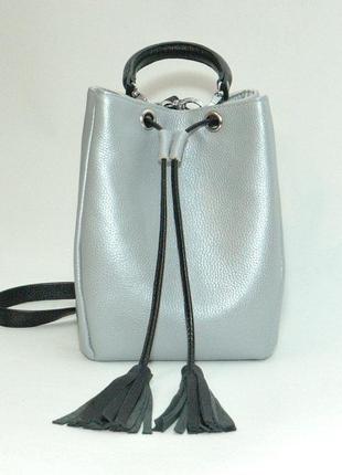 Женская сумка кожаная 25 серебристый флотар с черным9 фото