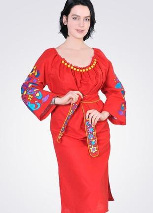 Платье-вышиванка с большими стеклянными бусинами, красный лен3 фото
