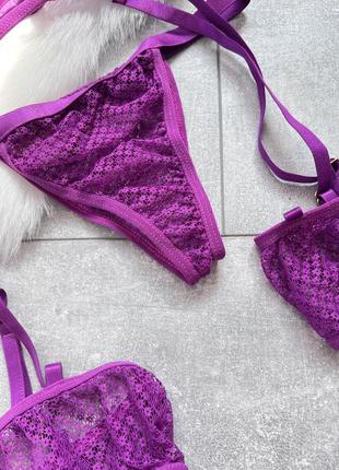 Комплект 4в1 жіночої нижньої білизни в фіолетовому кольорі в сіточку еротичний6 фото