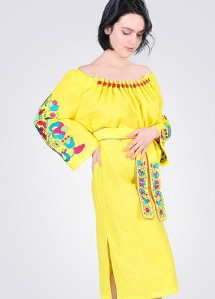 Платье с вышивкой изо льна, желтое3 фото