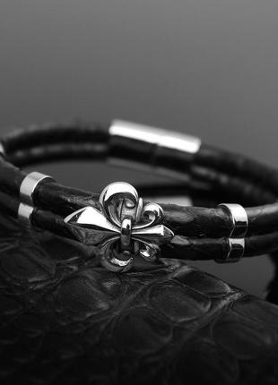 Браслет "геральдична лілія" із натуральної зміїної шкіри. чорний.3 фото