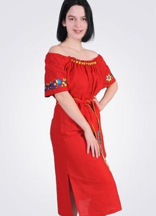 Сукня з льону з великими скляними намистинами, червоне2 фото