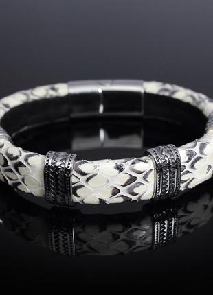 Чоловічий браслет із натуральної зміїної шкіри "еверест". білий із чорним.4 фото