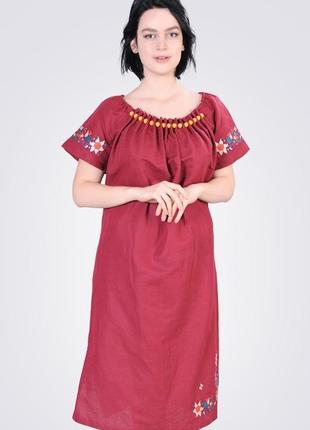 Платье из льна с крупными стеклянными бусинами, бордовое3 фото