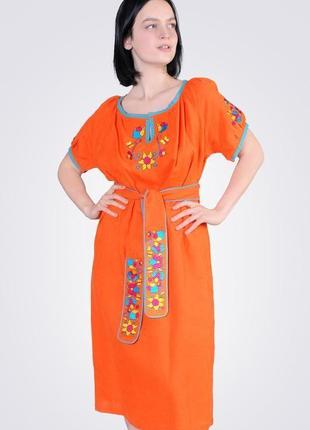 Платье из льна с хлопковым кружевом, цвет оранжевый4 фото