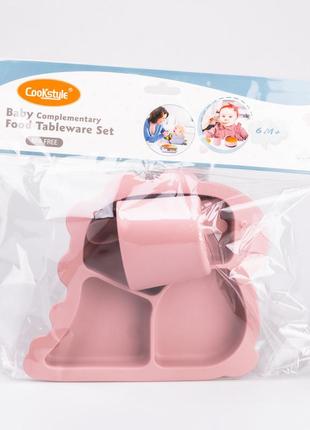 Дитячий набір силіконового посуду чашка / тарілка з трьома секціями / ложка рожевий5 фото