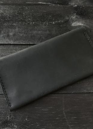 Чёрный кожаный кошелёк ручной работы3 фото