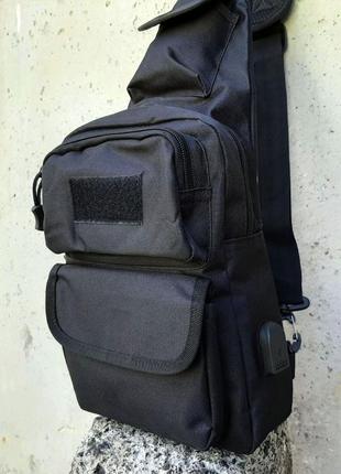 Черная тактическая сумка-рюкзак, борсетка однолямочная + usb выход6 фото