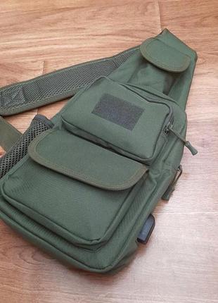 Тактическая сумка-рюкзак олива, борсетка однолямочная + usb выход2 фото