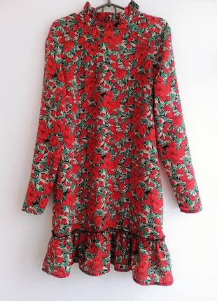 Платье женское красное зелёное цветочный принт мини2 фото