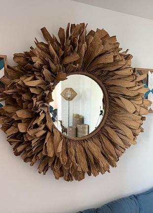 Кругле дзеркало декороване паперовим шпагатом "колосонця"2 фото