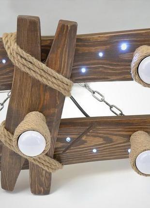 Люстра из дерева с ночником и плафонами из каната, деревянный потолочный светильник4 фото