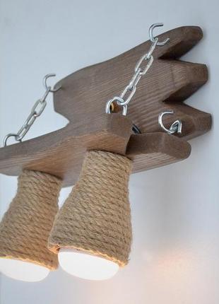 Люстра из дерева с ночником и плафонами из каната, деревянный потолочный светильник6 фото