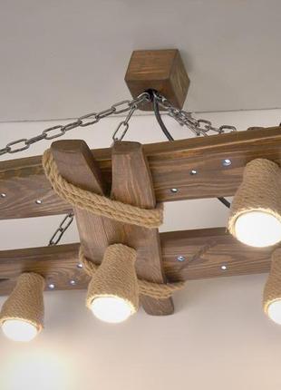 Люстра из дерева с ночником и плафонами из каната, деревянный потолочный светильник