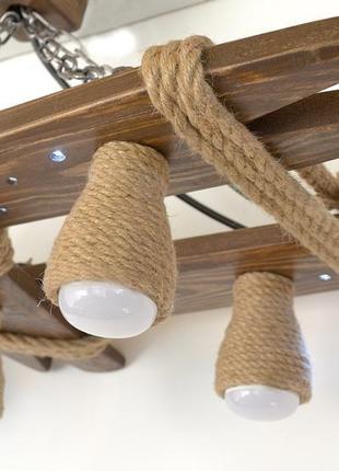 Люстра из дерева с ночником и плафонами из каната, деревянный потолочный светильник3 фото