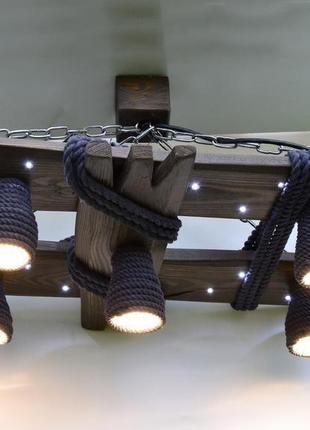 Дерев'яна люстра з світлодіодними точками і плафонами з бавовняного каната1 фото