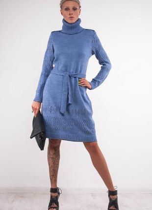 Голубое вязаное мини платье- свитер с поясом6 фото