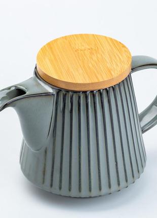 Заварочный чайник 850 мл керамический с бамбуковой крышкой серый4 фото