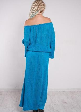 Бирюзовое вязаное ажурное макси платье с разрезами и карманами6 фото