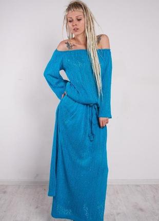 Бирюзовое вязаное ажурное макси платье с разрезами и карманами2 фото