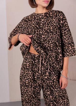 Стильный костюм леопардовый принт натуральный трикотаж трехнитки кофта рукав 3/4+брюки высокая посадка кармана3 фото