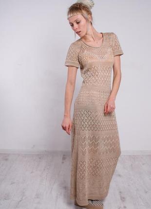 Бежевое вязаное ажурное коктейльное макси платье с коротким рукавом7 фото