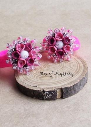 Рожеві резиночки для волосся дитячі, гумки з квітами, пара гумок, подарунок для дівчинки1 фото
